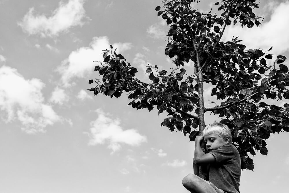 zwartwit foto van kind klimt in boom